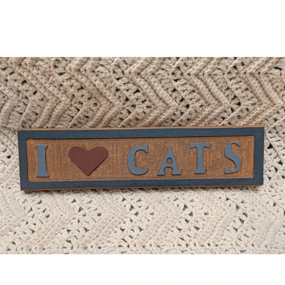 JCPenney Rustic Wood I Heart Cats Wall Sign Plaque Primitive Home Decor 14x3.5